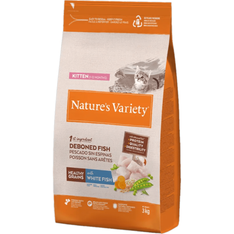 🐾 Nature’s Variety Kitten HG Pescado Blanco | Alimentación premium con cereales saludables